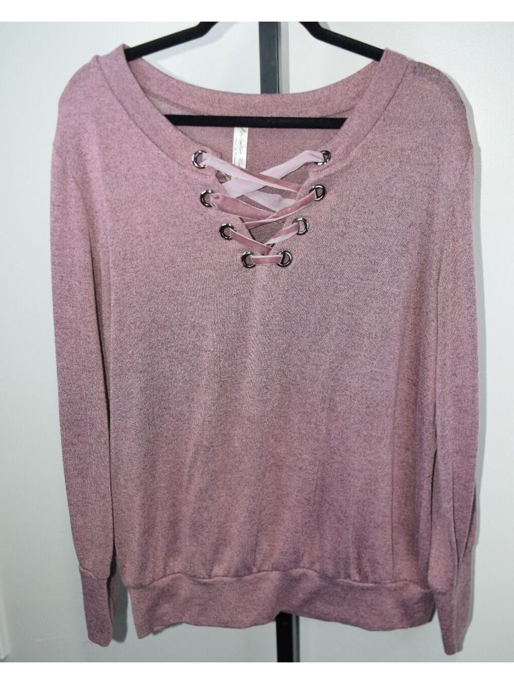 Perception Women Mauve Boho Lace-Up Grommet Knit Pullover Sweater 2X
